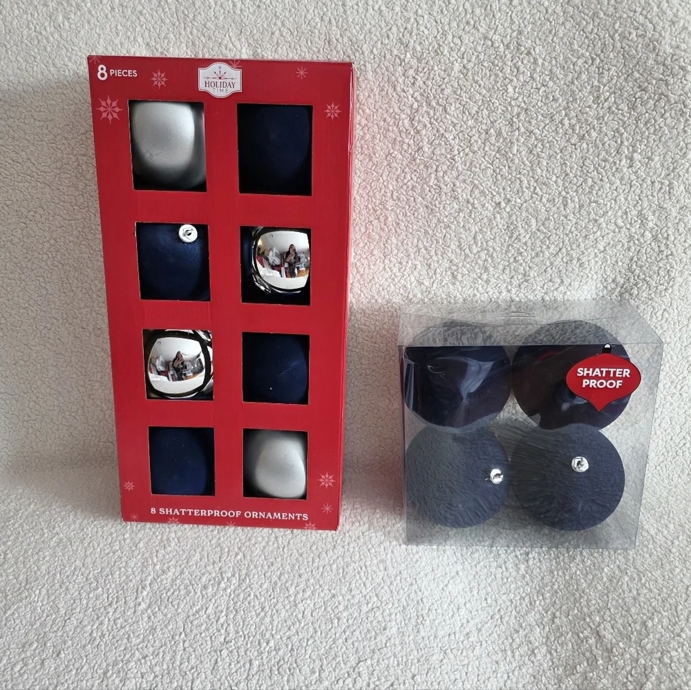 New Holiday Time Navy & Silver Shatterproof Christmas Ornaments bundle 3.94